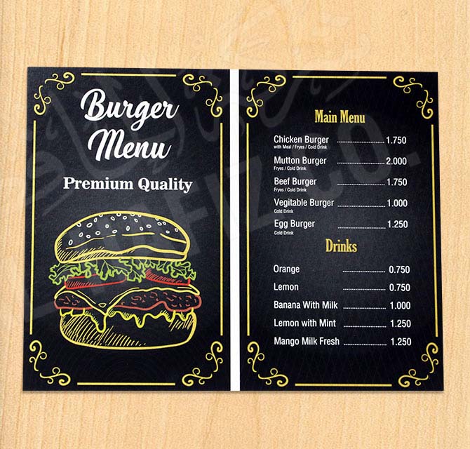 طباعة قائمة الفندق الرقمية مع بقعة ذهبية وحبر شفاف أسود
